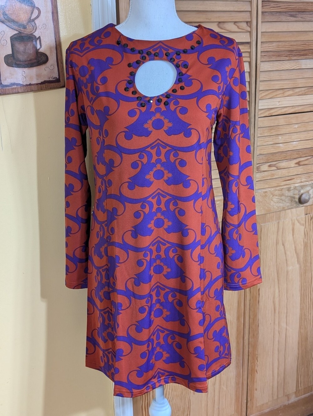 TRACY NEGOSHIAN Rust & Purple Ginger Damask Dress Size M 8-10 NWT